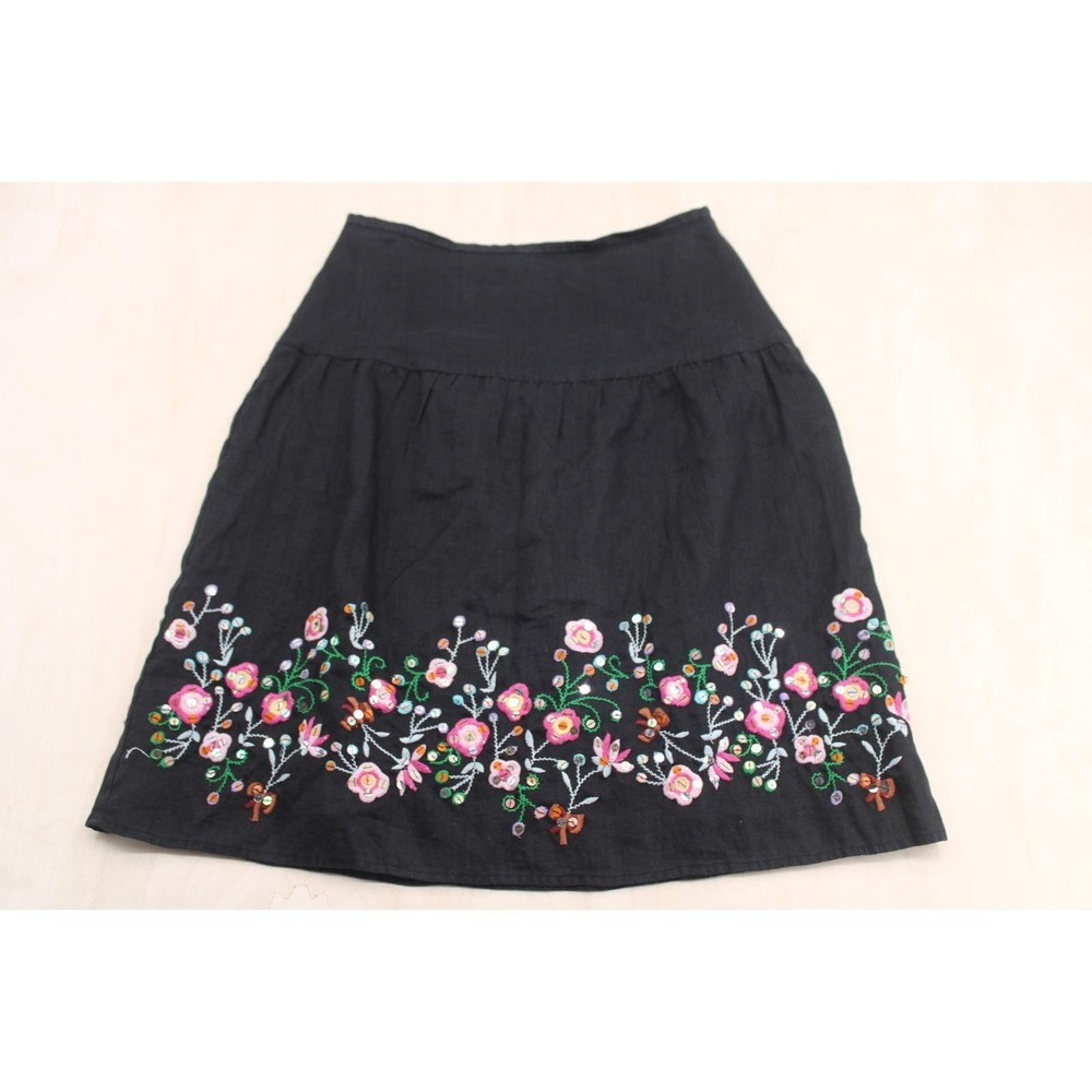 Carole Little Linen Skirt Wms 8 Black Floral Embroidered Sequin A-Line Boho Y2K